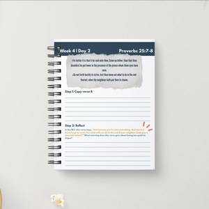 May include: A white spiral-bound notebook with text and lined pages. The top section reads "Week 4 | Day 2" and "Proverbs 25:7-8". The open page contains text and prompts for reflection. A pencil and a bowl of popcorn are also visible.