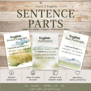 May include: Educational posters for Cycle 3 English, featuring "Sentence Parts." The posters include definitions for Present Participle, Infinitive, and Past Participle, with watercolor landscape illustrations. The design includes the text "Instant Download" and "Print at Home or Shop."