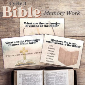 May include: An open Bible with study cards featuring questions about the Bible. The cards include questions about the divisions, themes, and subdivisions of the Bible. The words "Cycle 3," "Bible," and "Memory Work" are at the top.