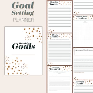 May include: A printable goal setting planner with a brown and white polka dot pattern. The planner includes sections for monthly goals, brain dump, thought control, and a top goal for the month.
