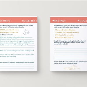 May include: A spiral-bound notebook with two pages, each featuring the text "Week 21 Day 3" and "Week 21 Day 4" in coral. The pages contain prompts and fill-in-the-blank sections for studying Proverbs 25:3-4. Includes star illustrations.