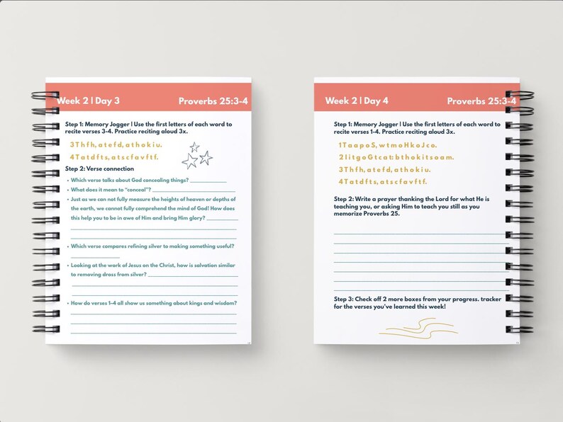 May include: A spiral-bound notebook with two pages, each featuring the text "Week 21 Day 3" and "Week 21 Day 4" in coral. The pages contain prompts and fill-in-the-blank sections for studying Proverbs 25:3-4. Includes star illustrations.