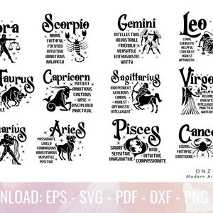 Paquete de 12 signos del zodíaco / Signo del zodíaco Svg, Encantos de astrología / Regalos de astrología de Capricornio, Astrología de arte imprimible / Lectura de astrología 2023
