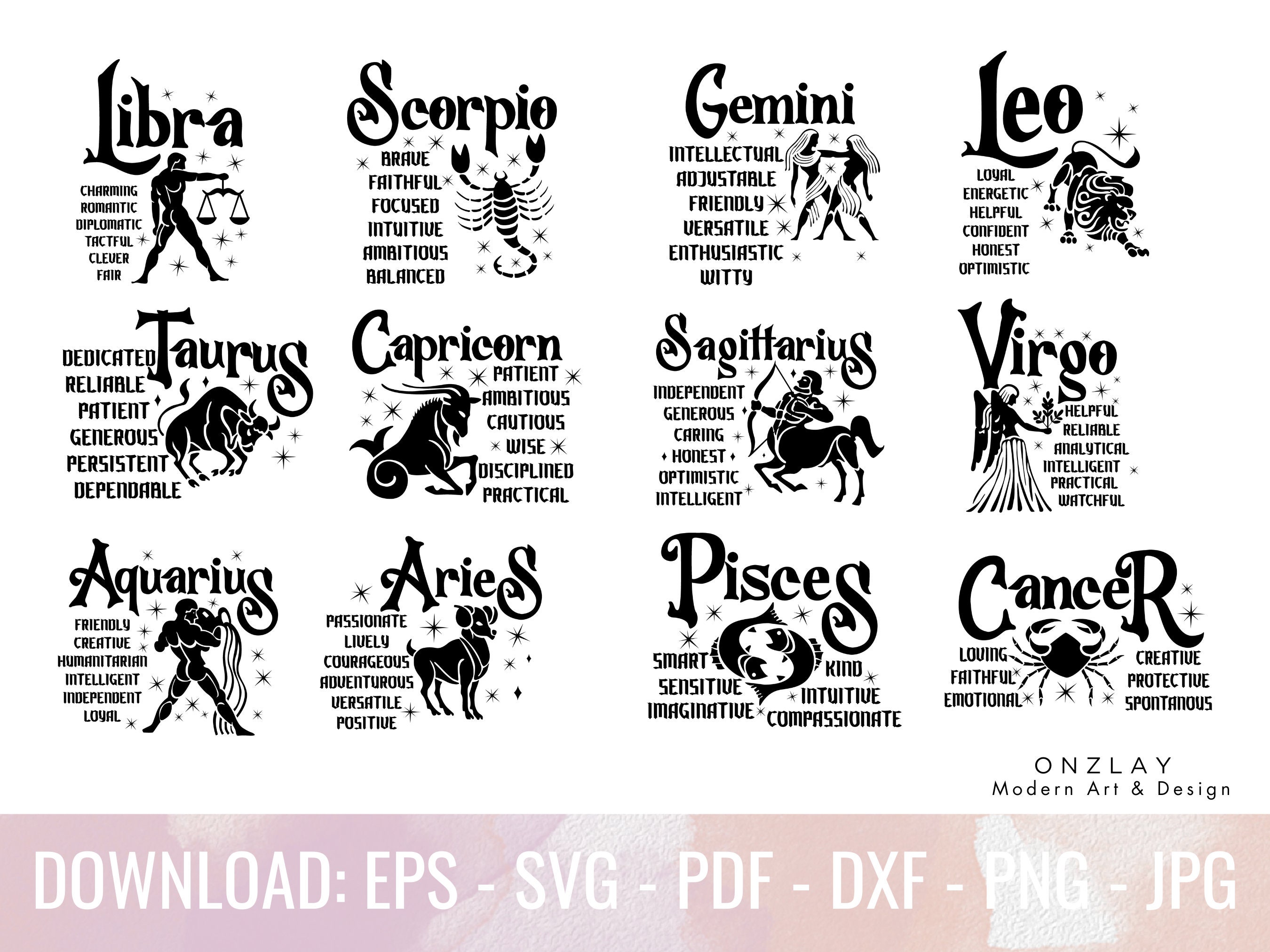 12 Zodiac Sign Bundle | Zodiac Sign Svg, Astrology Charms