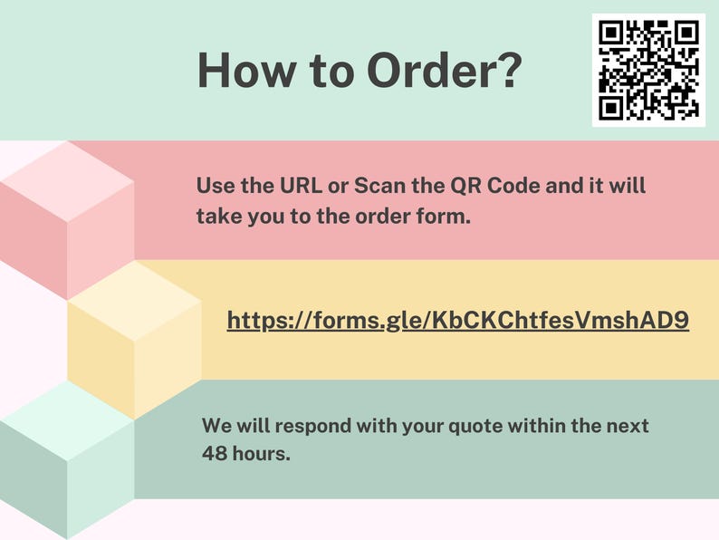 May include: A graphic with the text "How to Order?" and instructions to use a URL or QR code to access an order form. The URL is provided, along with a statement about a 48-hour response time.