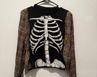 Rework Upcycle Grunge Oversize Crop Halloween Skeleton Fall Flannel Top XS/S