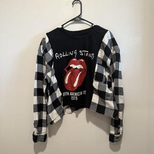 Reworked Upcycle Grunge Oversize Crop Rolling Stones Flannel Sweater L/XL