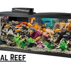 May include: A black rectangular fish tank with a black lid. The tank is filled with water and contains colorful fish, rocks, plants, and coral. The text "CORAL REEF" is printed on the front of the tank.