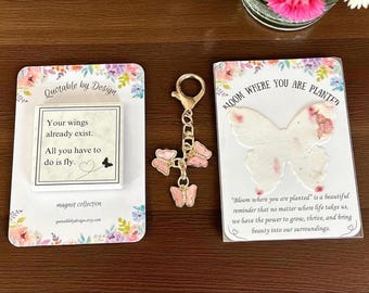 Cadeauset vlindercitaat: keramische magneet, vloeipapier, gouden sleutelhanger