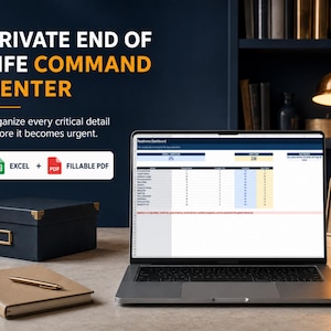 Peut inclure: Un outil d'organisation numérique intitulé Private End of Life Command Center affiché sur un écran d'ordinateur portable. L'interface comprend un tableau de bord avec des icônes Excel et PDF. Le texte indique Organize every critical detail before it becomes urgent.