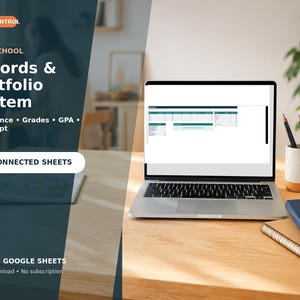 Puede incluir: Un sistema digital de registros y portafolio para educación en casa en la pantalla de una computadora portátil, con 12 hojas conectadas para asistencia, calificaciones, promedio y expedientes, compatible con Excel y Google Sheets.