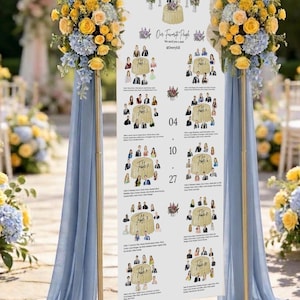 May include: A wedding seating chart displayed on a gold metal frame, adorned with blue fabric and floral arrangements of yellow and blue flowers. The chart features illustrations of tables and guests, with the text "Our Favorite People".