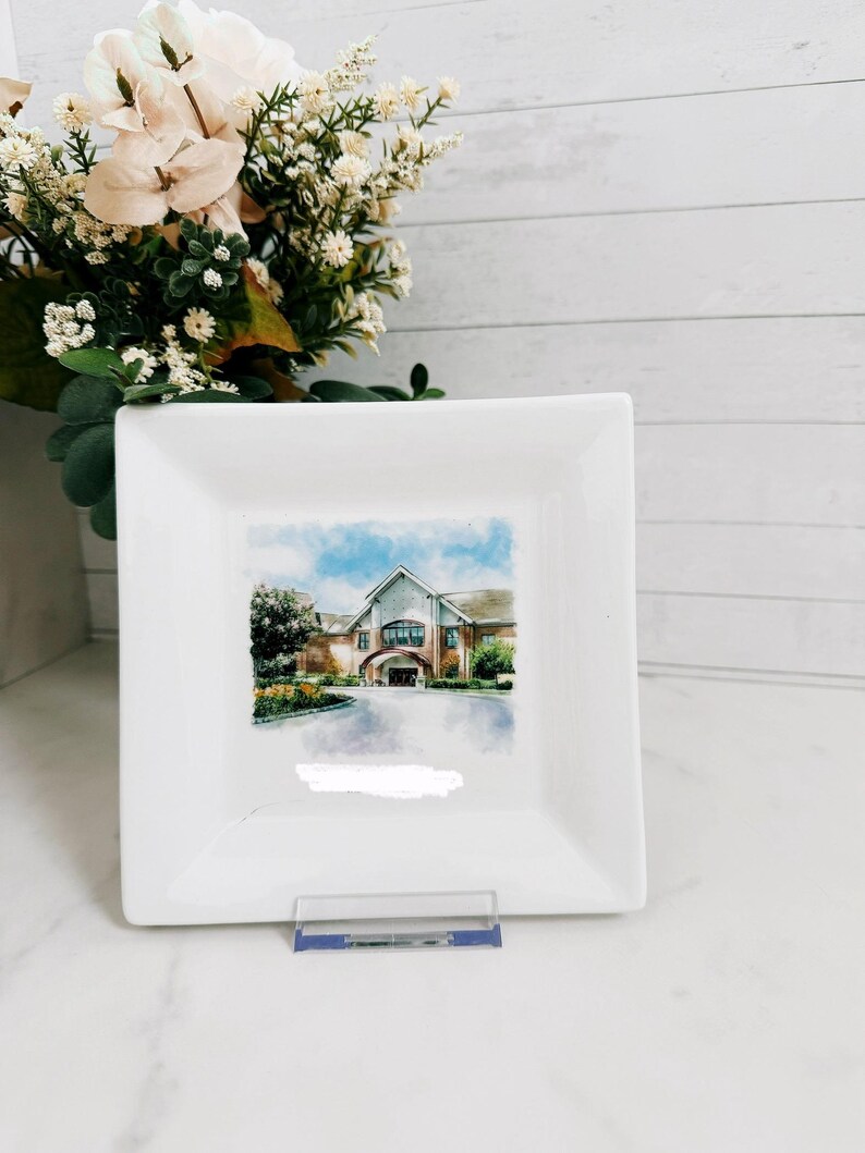 Custom House Sketch Ceramic Plate Personalized Office Desk Plate with Custom Painting New Homeowner Gift Personalized House Drawing Plate