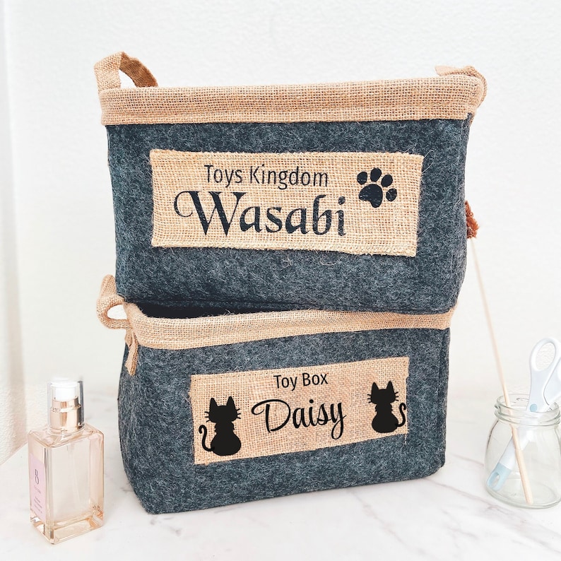 Custom Cat Toy Basket Foldable Kitty Toy Box Luxury Pet Bin Personalize