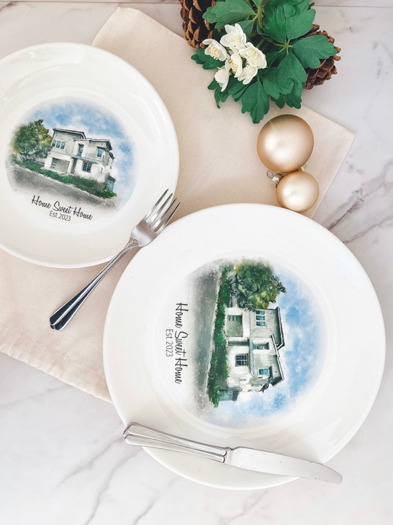 Custom House Sketch Ceramic Plate Personalized Office Desk Plate with Custom Painting New Homeowner Gift Personalized House Drawing Plate