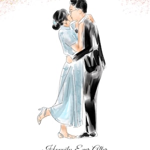 May include: An illustration of a couple embracing and kissing, with the text "Happily Ever After" at the bottom. The woman is wearing a light blue dress and the man is wearing a black suit. Soft pink and yellow accents are in the background.