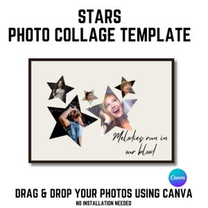 May include: A photo collage template featuring five stars with cutouts for photos. The text "Melodies run in our blood" is written in black cursive script. The template is designed to be used with Canva.