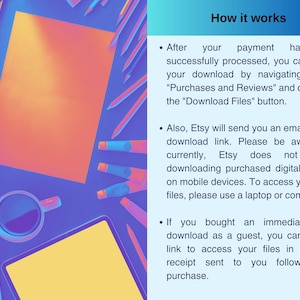 May include: A top-down view of a workspace with art supplies. An orange paper is centered, surrounded by paint tubes, pencils, a tablet, and a coffee cup. Text on the right explains how to download digital files.