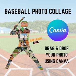May include: A baseball photo collage template with a silhouette of a baseball player made of smaller photos. The text "BASEBALL PHOTO COLLAGE" is at the top of the image. The text "DRAG & DROP YOUR PHOTO USING CANVA" is at the bottom of the image. The Canva logo is in the upper right corner of the image.