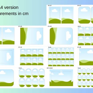 May include: A collection of various-sized picture frames, with measurements in centimeters. The frames feature a landscape design with a blue sky, white clouds, and green hills. The text "A4 version Measurements in cm" is at the top.