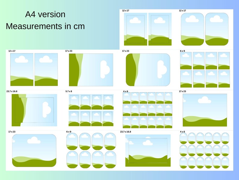 May include: A collection of various-sized picture frames, with measurements in centimeters. The frames feature a landscape design with a blue sky, white clouds, and green hills. The text "A4 version Measurements in cm" is at the top.