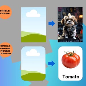 May include: An image with a dog wearing a studded leather jacket and a tomato with the word "Tomato" below it. The image also includes a graphic of a single frame and a single frame with round corners.