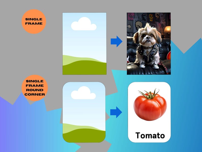 May include: An image with a dog wearing a studded leather jacket and a tomato with the word "Tomato" below it. The image also includes a graphic of a single frame and a single frame with round corners.