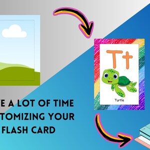 May include: Educational flash card featuring a cartoon turtle and the letter "T". The card is colorful with a rainbow border. The image also shows a printer and text that says "SAVE A LOT OF TIME CUSTOMIZING YOUR FLASH CARD".