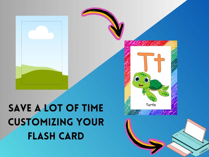 May include: Educational flash card featuring a cartoon turtle and the letter "T". The card is colorful with a rainbow border. The image also shows a printer and text that says "SAVE A LOT OF TIME CUSTOMIZING YOUR FLASH CARD".