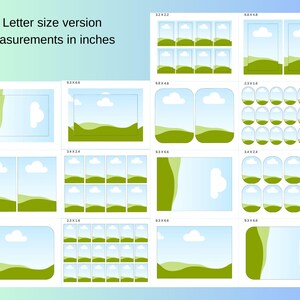 May include: A digital illustration showcasing various rectangular and rounded-corner frames with landscape scenes. The frames are arranged in a grid, each depicting a blue sky, white clouds, and green hills. Text at the top reads "Letter size version Measurements in inches."