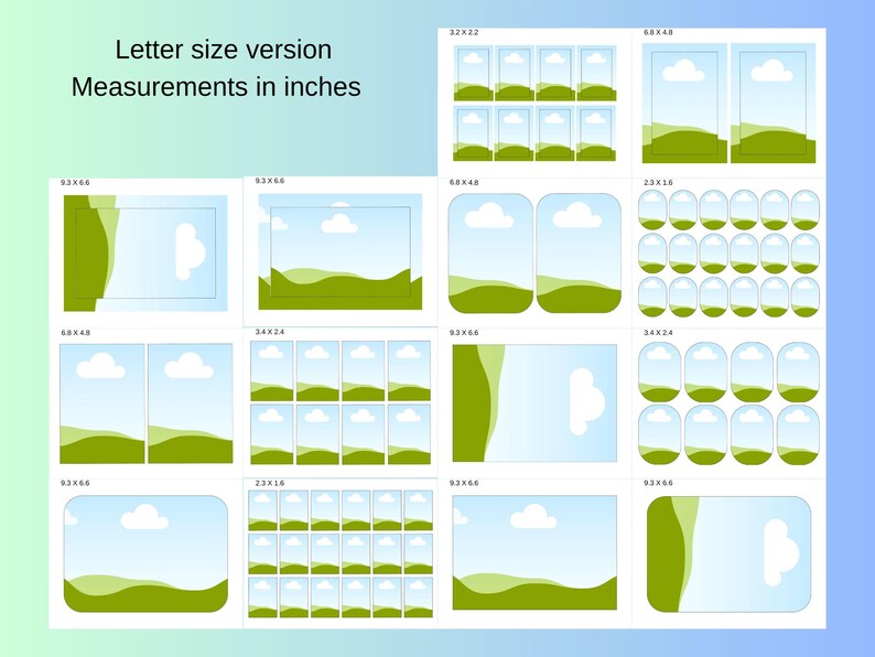 May include: A digital illustration showcasing various rectangular and rounded-corner frames with landscape scenes. The frames are arranged in a grid, each depicting a blue sky, white clouds, and green hills. Text at the top reads "Letter size version Measurements in inches."