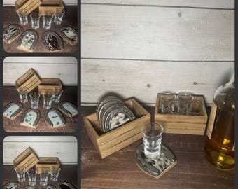 Cowhide Horseshoe Coaster Shot Glass Set: Western Decor Gift