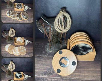 Cowhide Coaster Set with Bottle Opener | Rustic Farmhouse Decor-Gift Set
