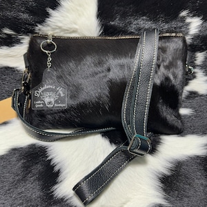 Black Cowhide Crossbody and Wristlet Set: Skull Print Lining