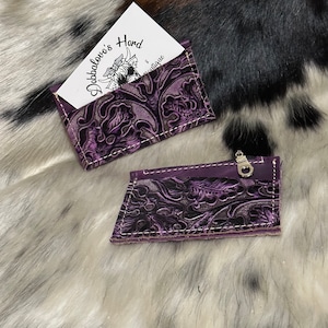 Leather Coin pouch / card holder. Purple cowboy tool genuine embossed leather.