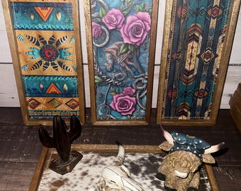 Rustic western  cowhide and leather wooden decor tray
