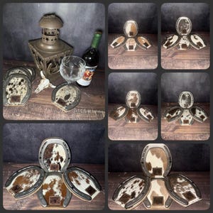 Western Cowhide Horseshoe Coaster Set: Rustic Decor/ Handmade image 1