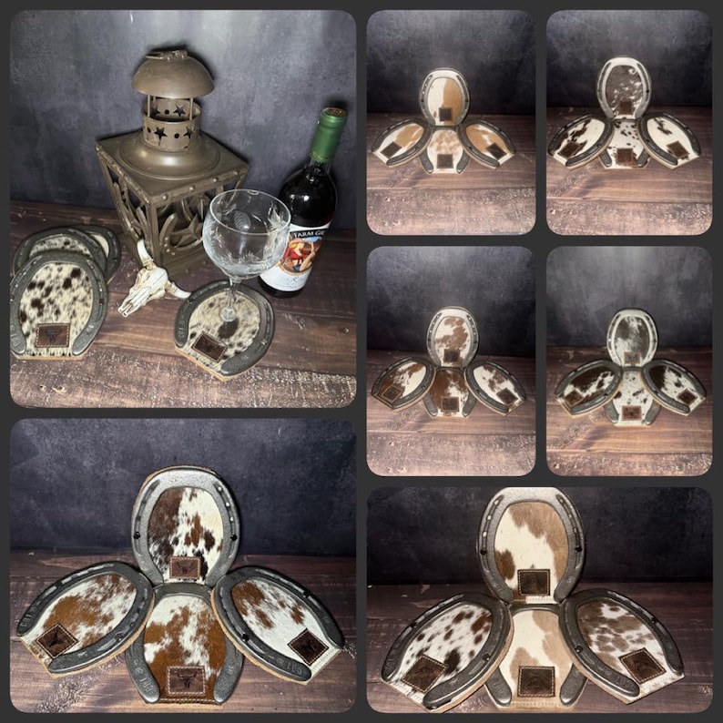 Western Cowhide Horseshoe Coaster Set: Rustic Decor/ Handmade image 1
