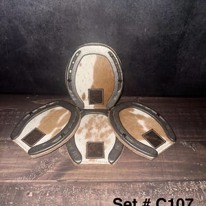 Western Cowhide Horseshoe Coaster Set: Rustic Decor/ Handmade Set # C107