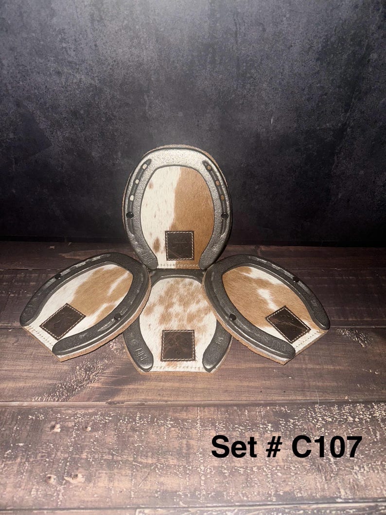 Western Cowhide Horseshoe Coaster Set: Rustic Decor/ Handmade Set # C107