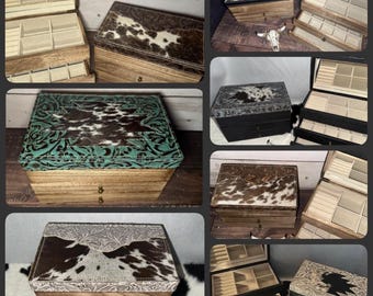 Western Cowhide and leather jewelry Boxes. 3 layer jewelry box. Cowhide leather.Great gifting for her,birthdays, Christmas, Mother’s Day