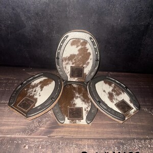 Western Cowhide Horseshoe Coaster Set: Rustic Decor/ Handmade Set# H108