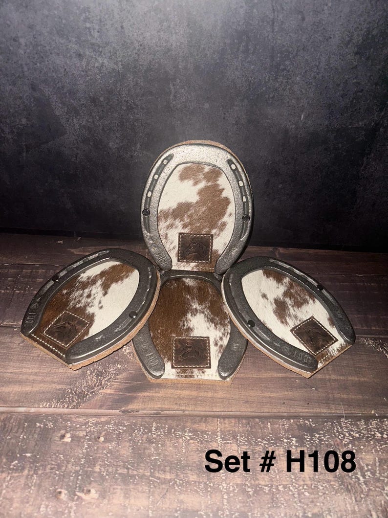 Western Cowhide Horseshoe Coaster Set: Rustic Decor/ Handmade Set# H108