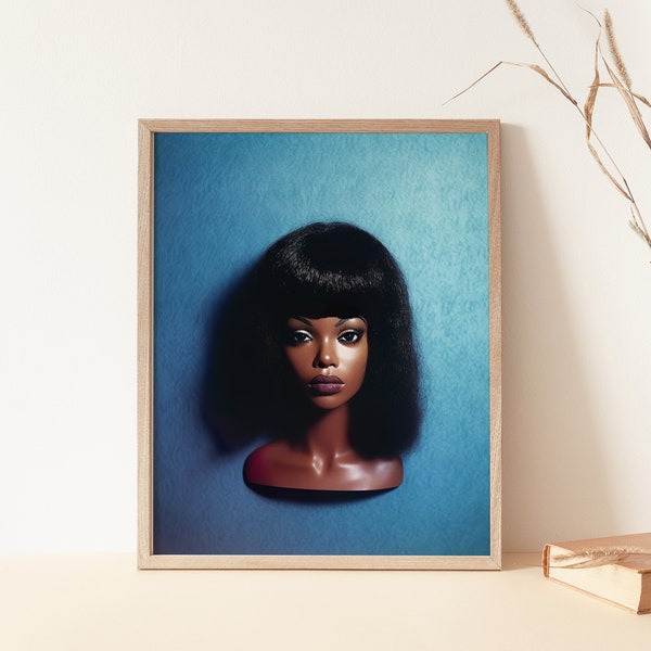 Model Doll Head PRINTABLE, Blue Background Doll, Vintage, Black Woman, Beautiful Woman, Square Photo, Surreal, Still Life Photography