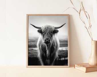 Highland koe Longhorn afdrukbare | Zwart Wit Foto | Slaapkamerafdrukken | Bizon afdrukken | Boerderij afdrukken | Wanddecoratie | Buffalo afdrukken | Stier kunst aan de muur