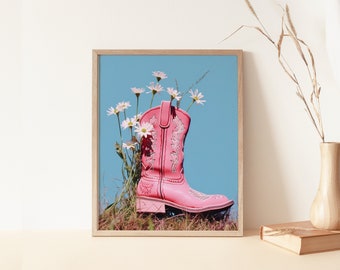 Pink Cowboy Boot PRINTABLE, Color Photo, Western Wall Art, Wildflowers, Pink Western Photo, Vintage Design, Western Home Decor