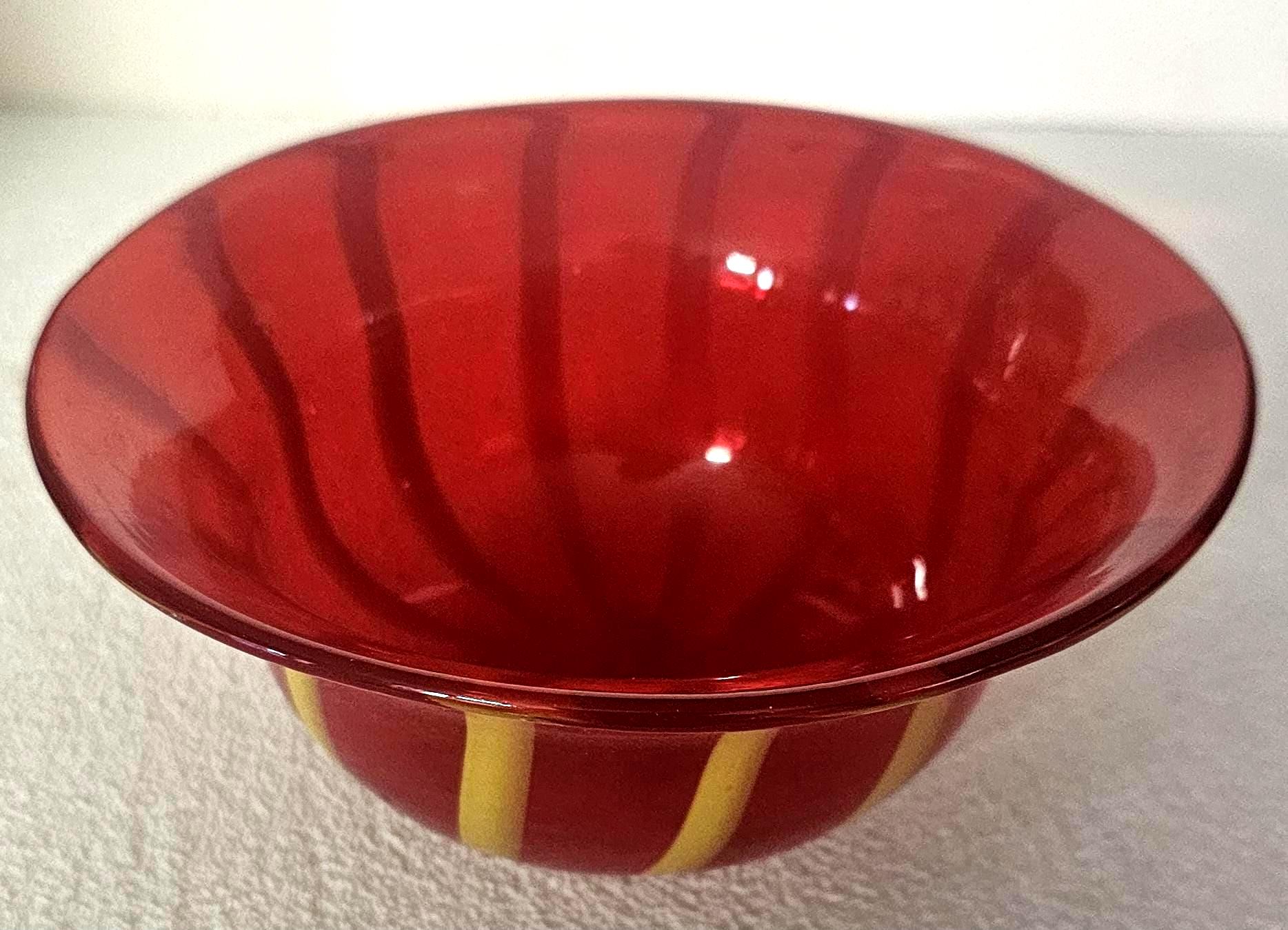 ムラーノガラスボウル イタリア製 赤と黄色のストライプ ヴィンテージ