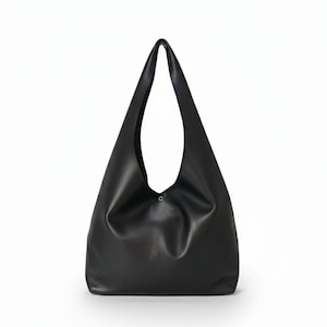Black Soft Leather Hobo Shoulder Bag with Snap Closure, Slouchy Daily Handbag for Women