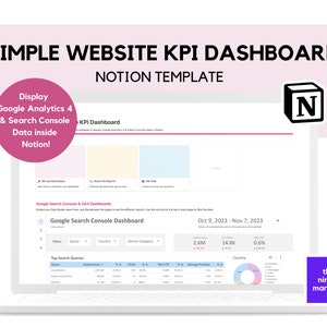 Puede incluir: Una pantalla de computadora portátil que muestra una plantilla de Notion para un tablero de KPI de un sitio web. El tablero muestra datos de Google Analytics 4 y Google Search Console, incluidas métricas como impresiones, clics y posición promedio. El tablero se titula "Google Search Console Dashboard" y muestra datos para el período del 9 de octubre de 2023 al 7 de noviembre de 2023.