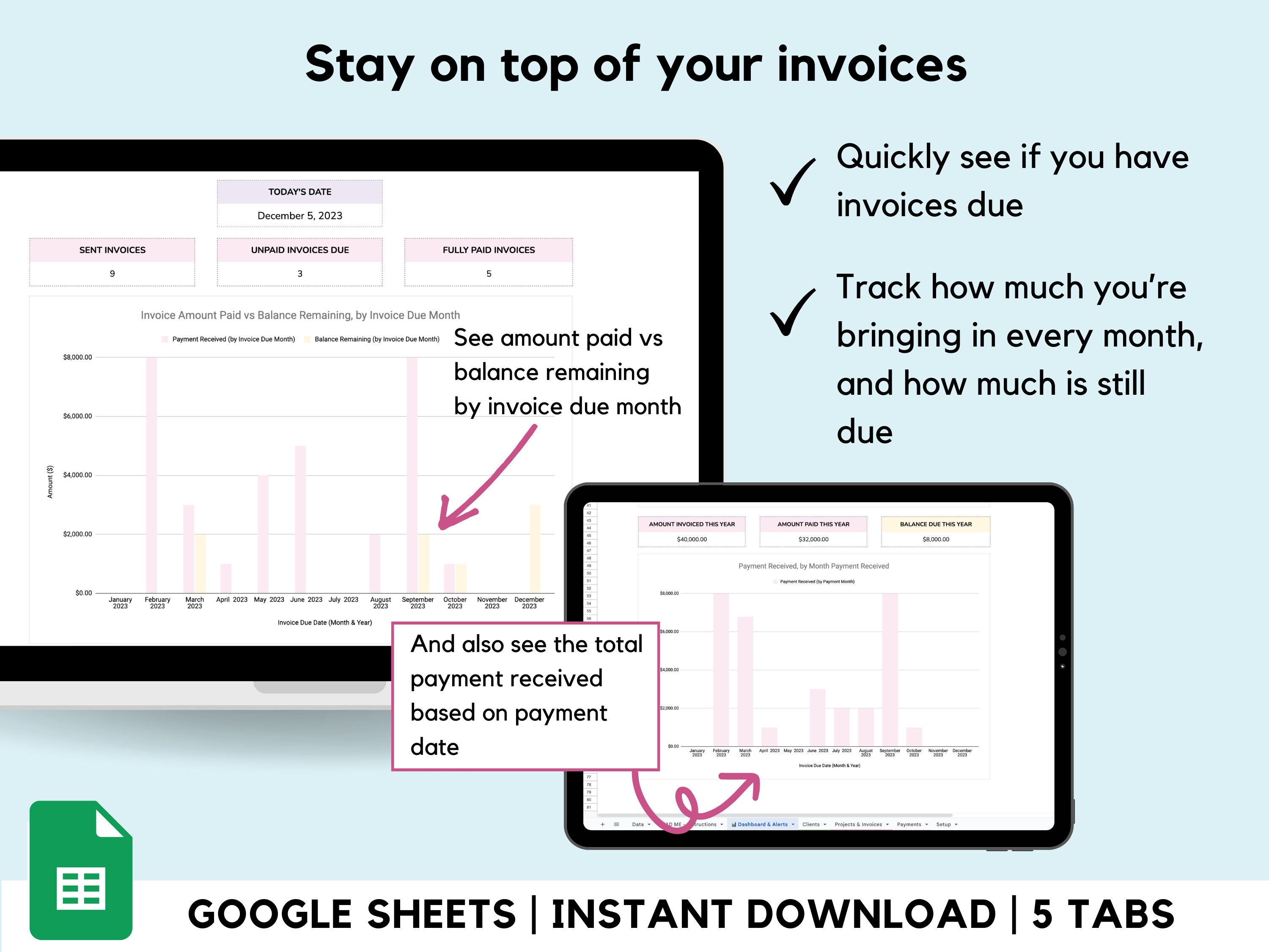 Invoice Tracker Spreadsheet for Google Sheets | Client Payment Tracker ...